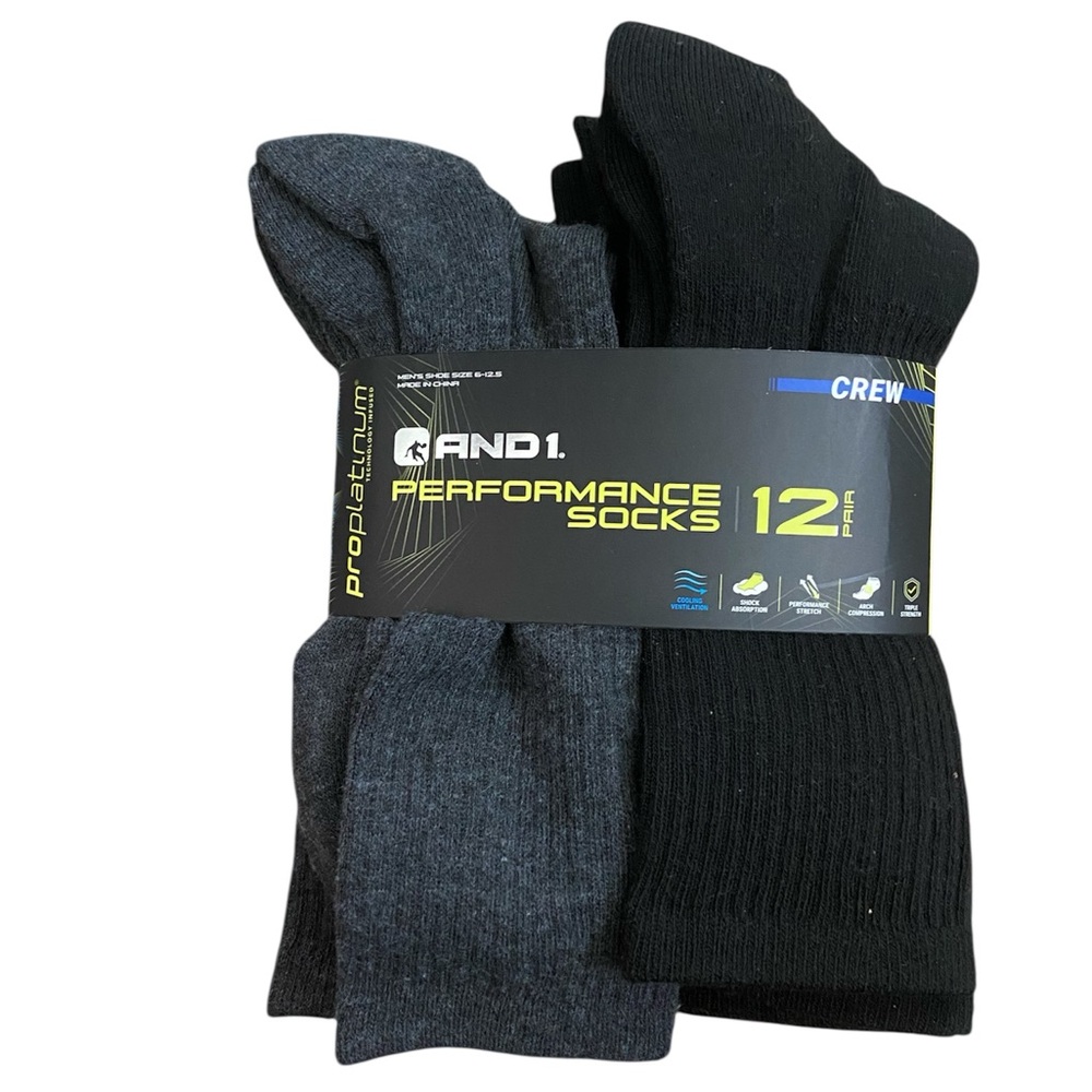 AND1 - Men's Cushion Crew Sock, 12 Pack, black & Grey - Shoe size: 6-12.5